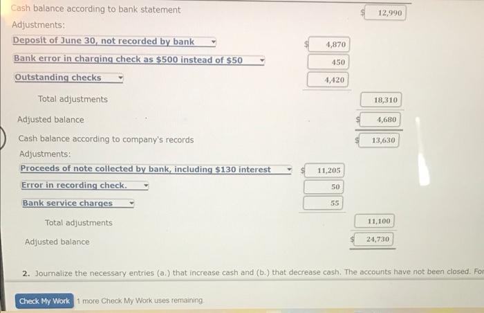 totaled $4,680. b. A deposit of $4,870, representing receipts of June 30,