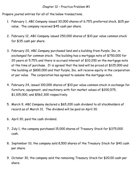  Chapter 12 - Practice Problem \#1 Prepare journal entries for all