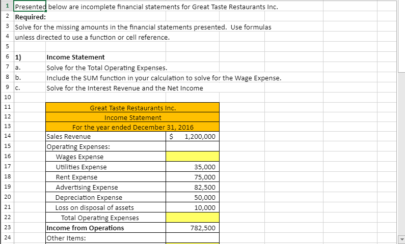  Please provide excel formulas 1 Presented below are incomplete financial statements