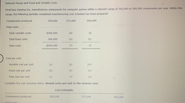  Relevant Range and Fixed and Variable Costs FirstClass Gaming Inc. manufactures