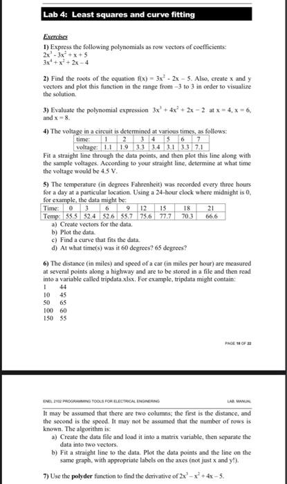 programing matlab Lab 4: Least squares and curve fitting Exercises 1)