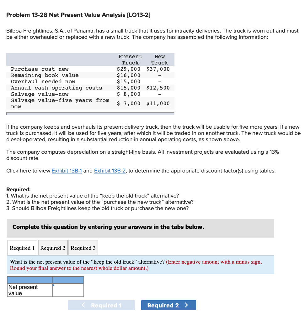  Problem 13-28 Net Present Value Analysis (LO13-2] Bilboa Freightlines, S.A., of
