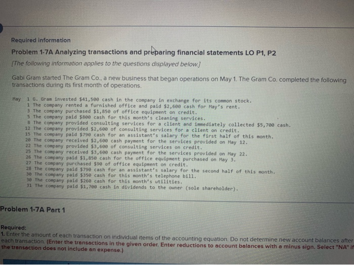  Required information Problem 1-7A Analyzing transactions and preparing financial statements LO