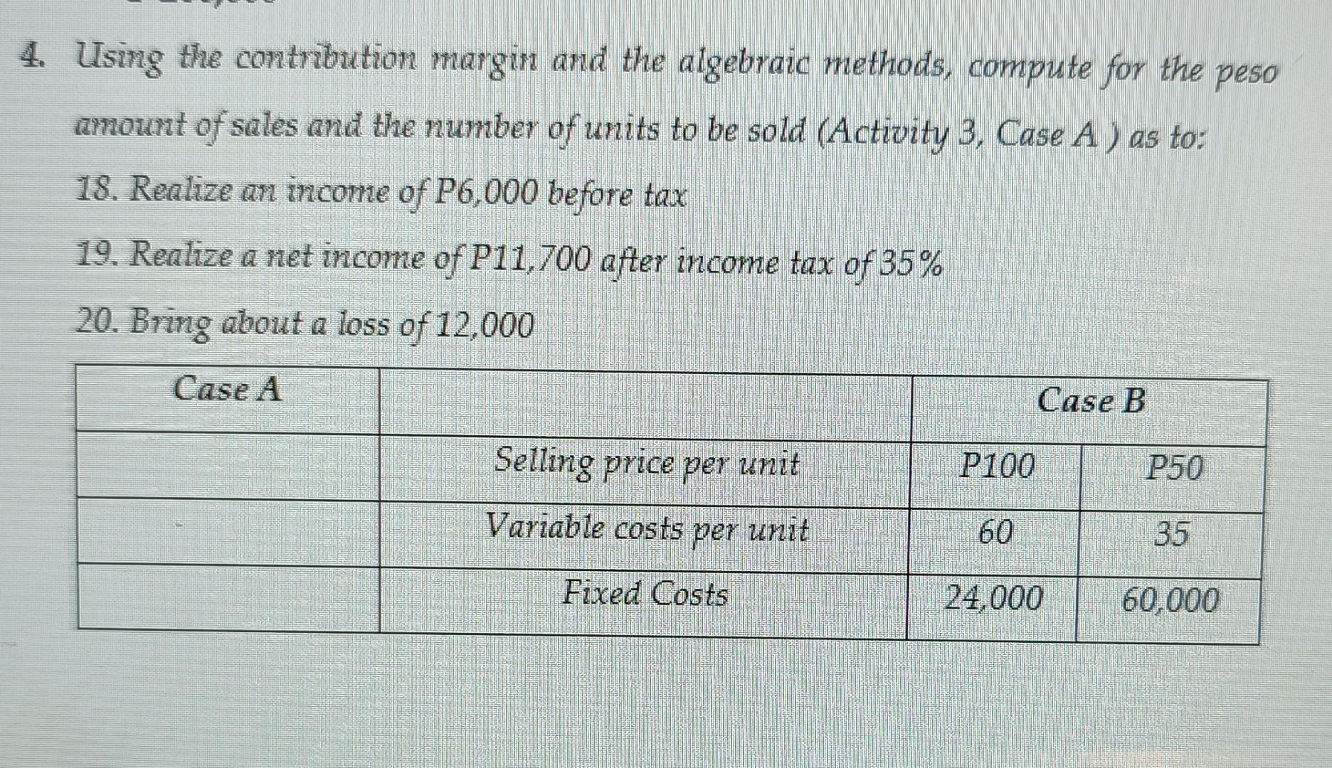  4. Using the contribution margin and the algebraic methods, compute for