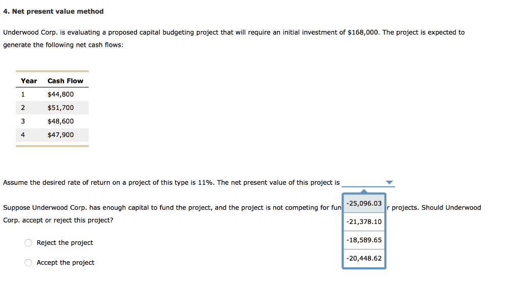  4. Net present value method Underwood Corp. is evaluating a proposed