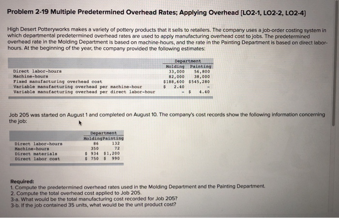  Problem 2-19 Multiple Predetermined Overhead Rates; Applying Overhead [LO2-1, LO2-2, LO2-4)