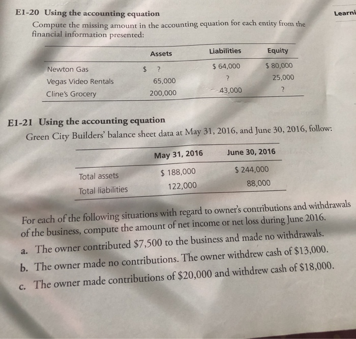  Learni E1-20 Using the accounting equation Compute the missing amount in