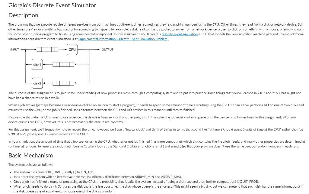 C++ OR C PROGRAM/ Describe code and document Giorgio's Discrete Event Simulator