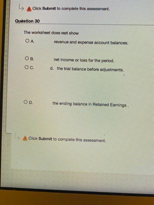  Click Submit to complete this assessment. Question 30 The worksheet does