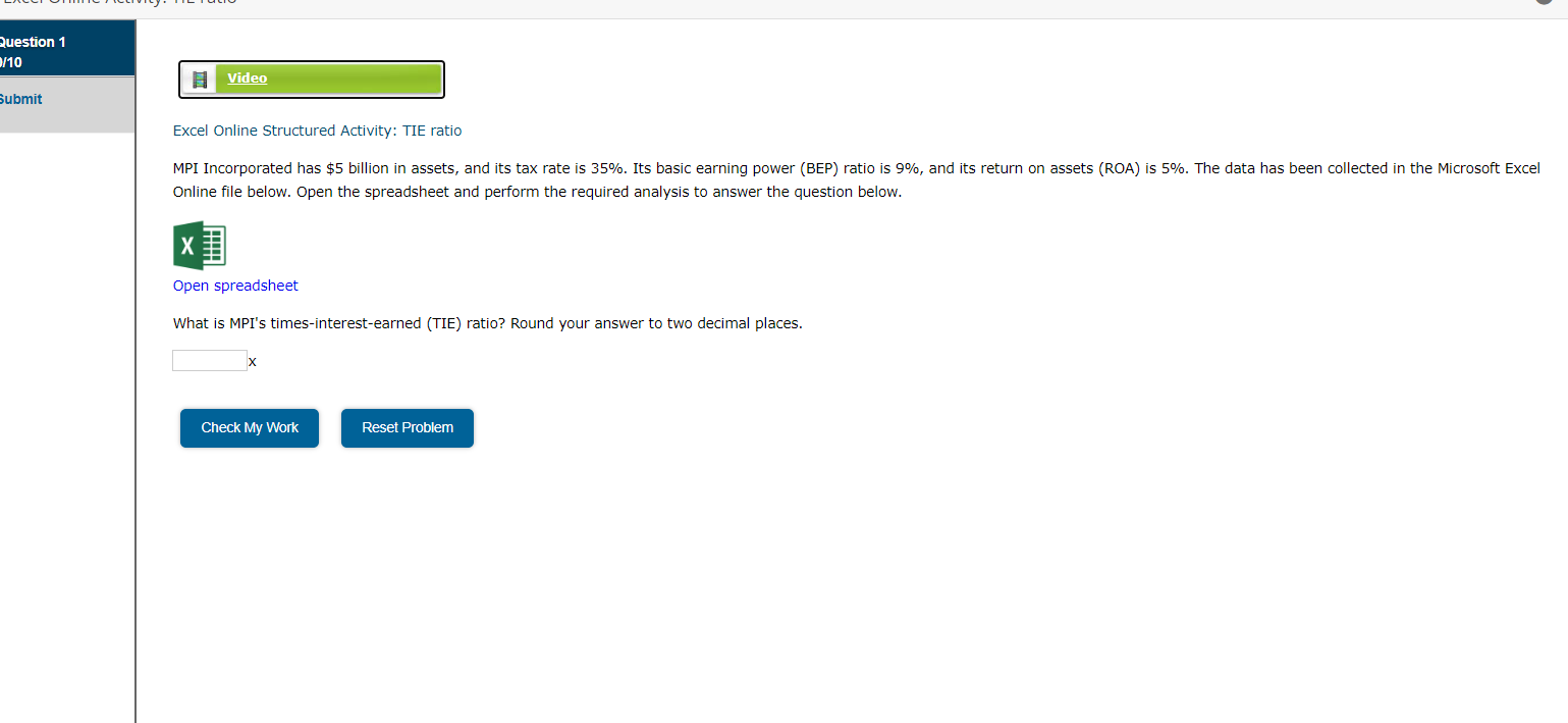 Excel Online Structured Activity: TIE ratio Online file below. Open the