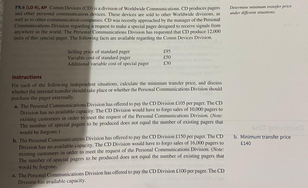 Determine minimum transfer price under different situations. P8.6 (LO 4), AP