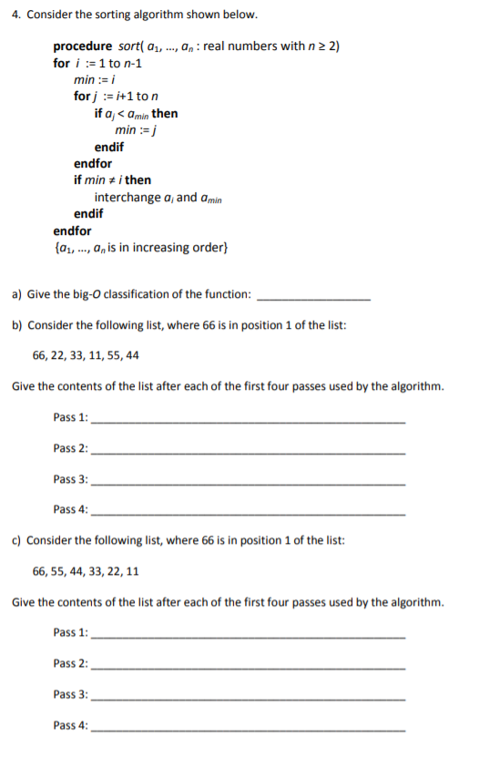  Please show all work and explain steps. 4. Consider the sorting