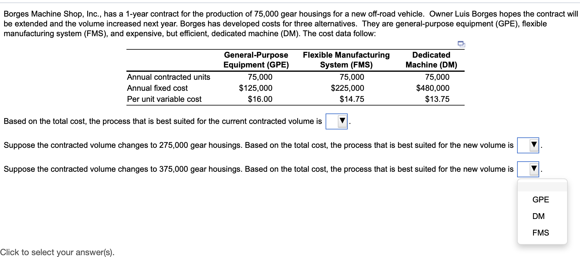 Borges has developed costs for three alternatives. They are general-purpose equipment (GPE),