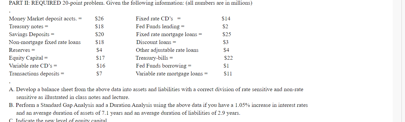 PART II: REQUIRED 20-point problem. Given the following information: (all numbers