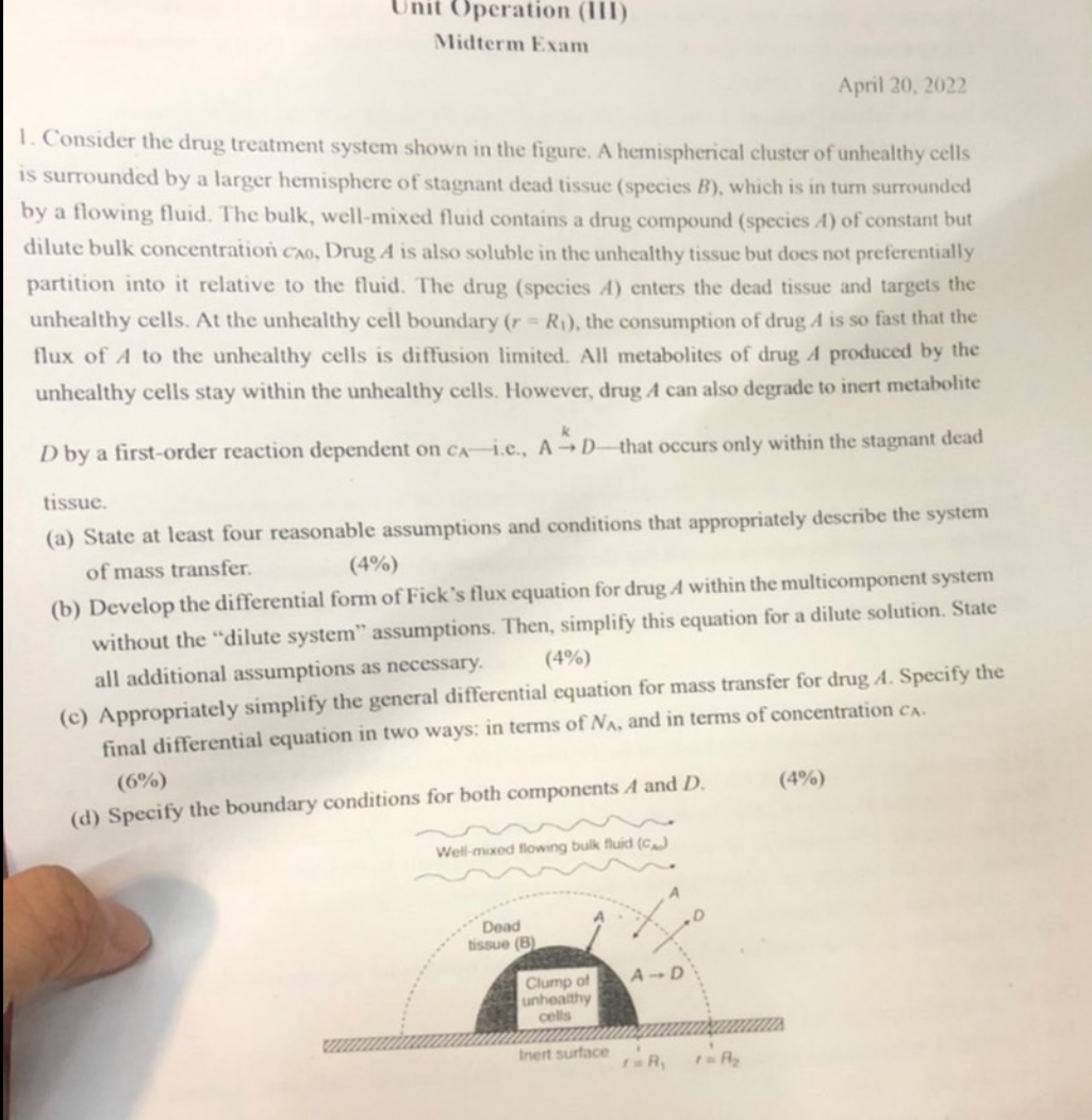  Unit Operation (III) Midterm Exam April 30,2022 Consider the drug treatment