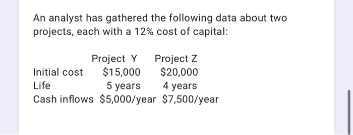  An analyst has gathered the following data about two projects, each