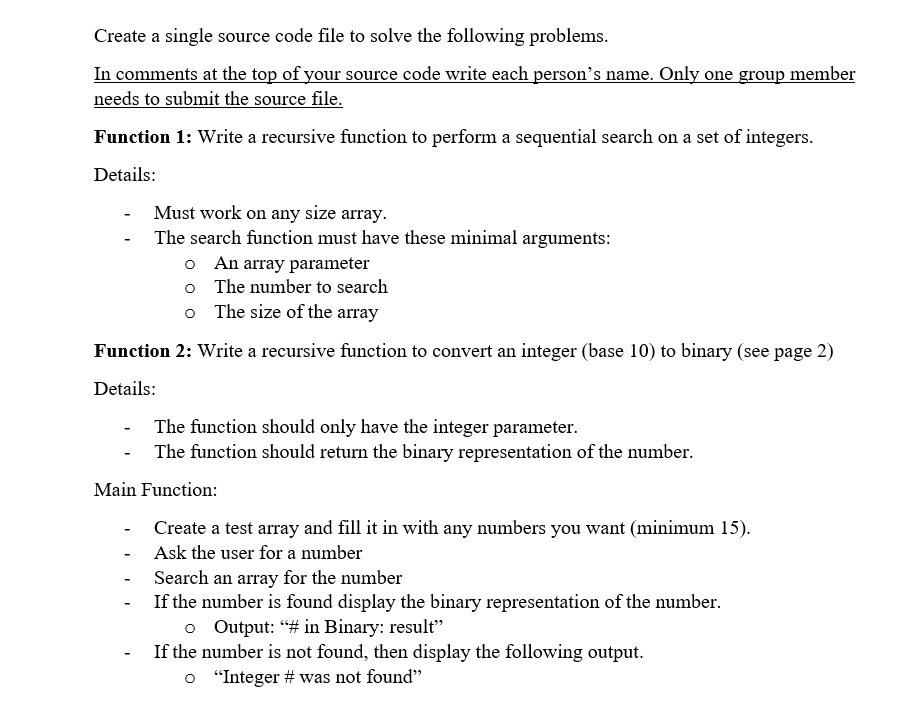  Create a single source code file to solve the following problems
