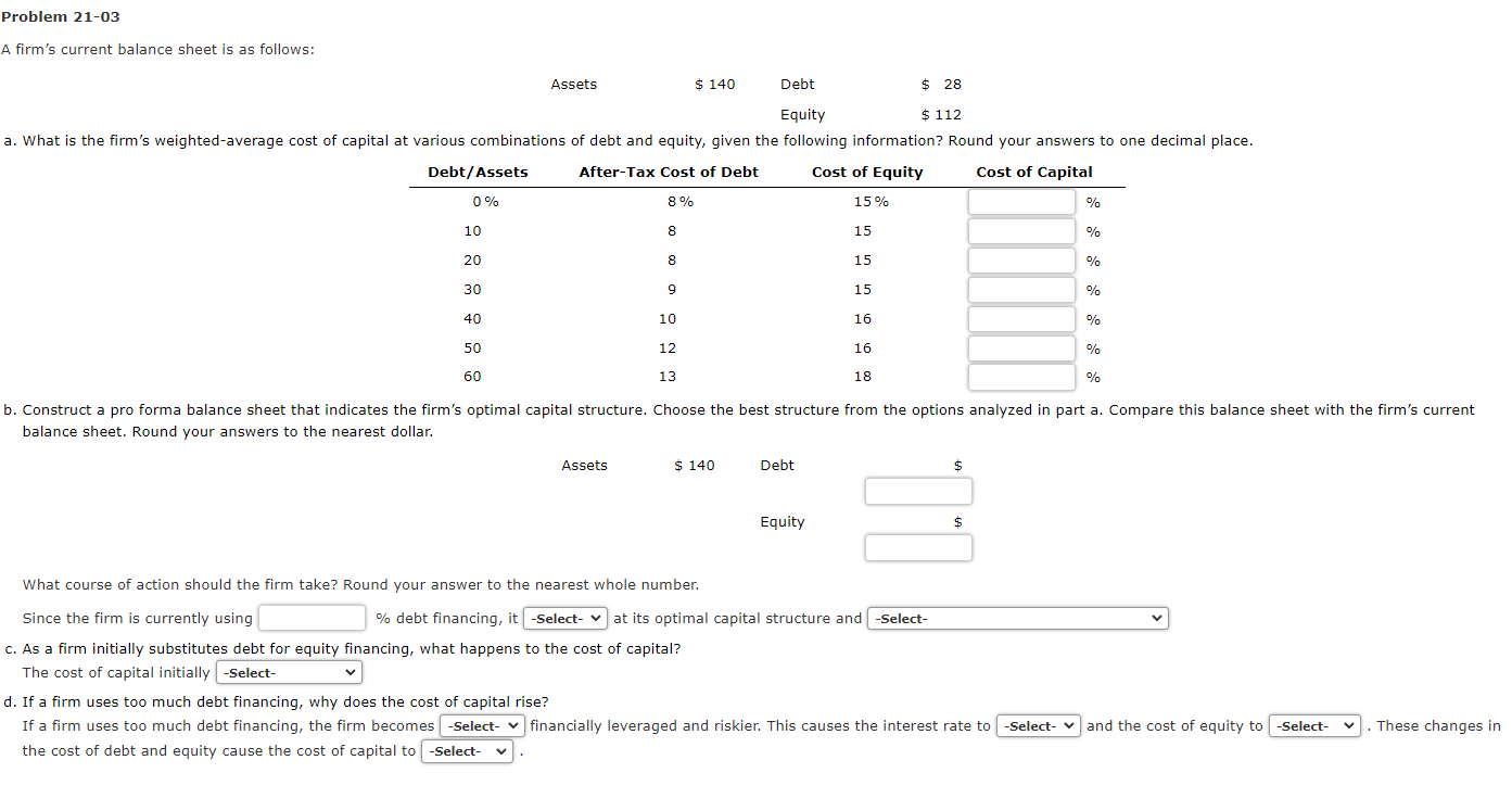 Dropdowns: Since the firm is currently using () % debt financing,