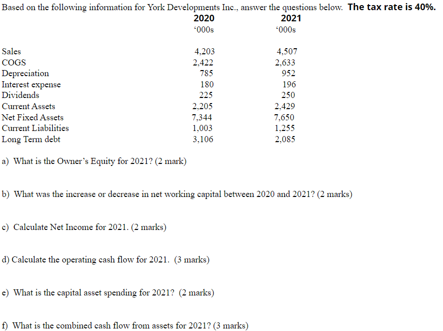  Based on the following information for York Developments Inc., answer the