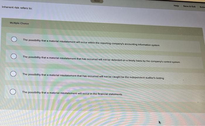  Inherent risk refers to Multiple Choice The possibility that a material