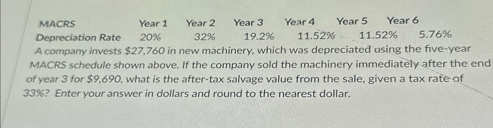  \table[[MACRS,Year 1,Year 2,Year 3,Year 4,Year 5,Year 6],[Depreciation Rate,20%,32%,19.2%,11.52%,11.52%,5.76% 