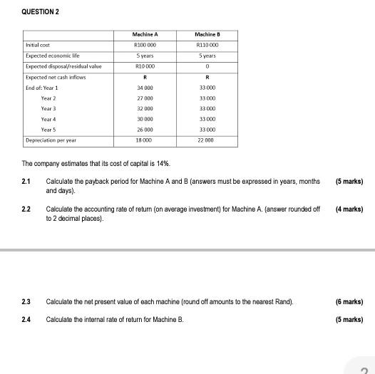 Good day, please assist with the below. Thanks QUESTION 2 Machine A