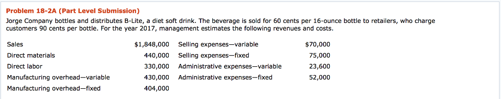  Problem 18-2A (Part Level Submission) Jorge Company bottles and distributes B-Lite,