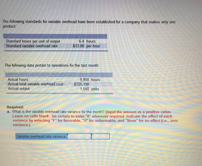  The following standards for variable overhead have been established for a