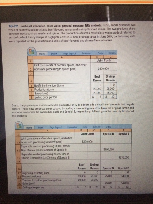  16-22 Joint-cost allocation, sales value, physical measure, NRV methods. Fancy Foods
