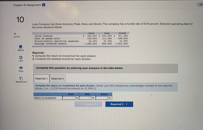  Chapter 10 Assignment Luke Company has three divisions. Peak, View, and