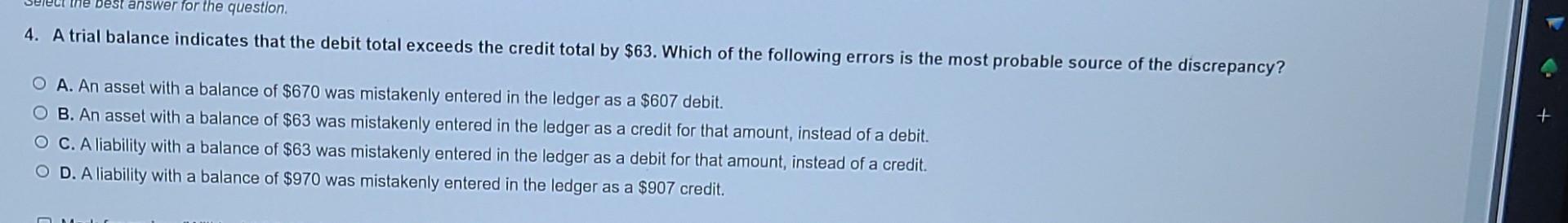  4. A trial balance indicates that the debit total exceeds the