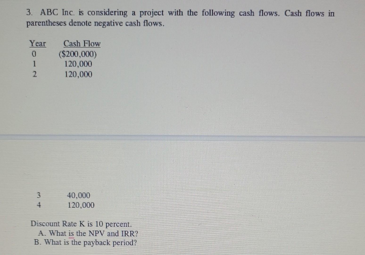  3. ABC Inc. is considering a project with the following cash