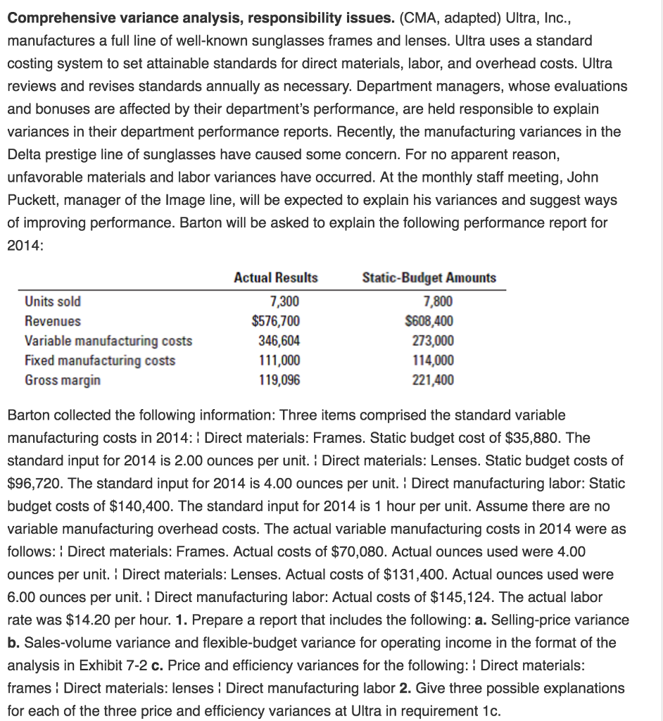 Comprehensive variance analysis, responsibility issues. (CMA, adapted) Ultra, Inc., manufactures a