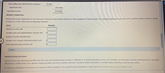 using absorption conting or variable costing Select whether the following characteristics are