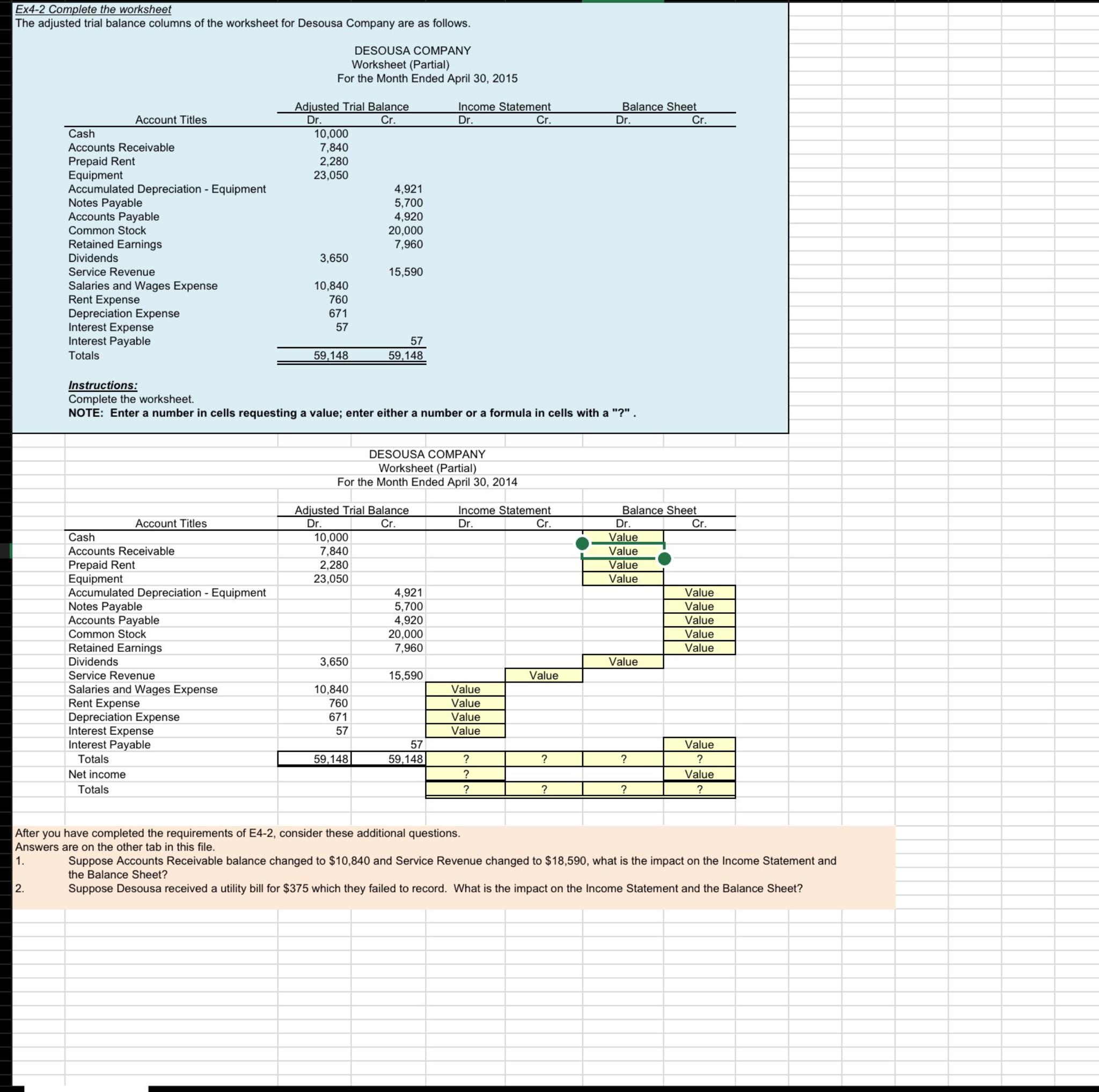  Ex4-2 Complete the worksheet The adjusted trial balance columns of the