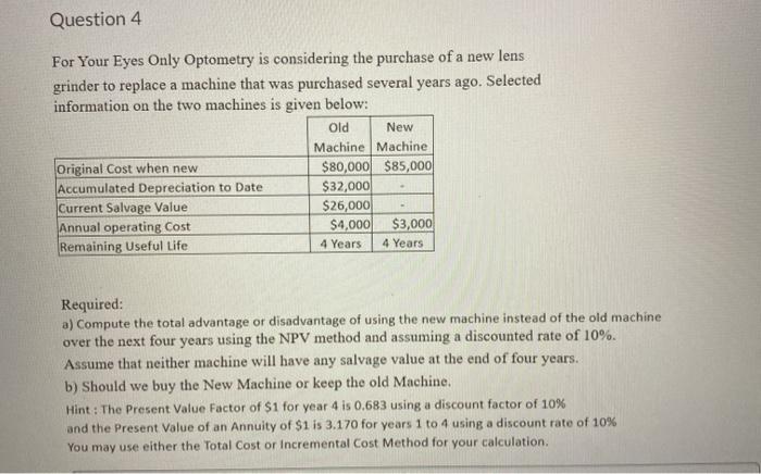  Question 4 For Your Eyes Only Optometry is considering the purchase
