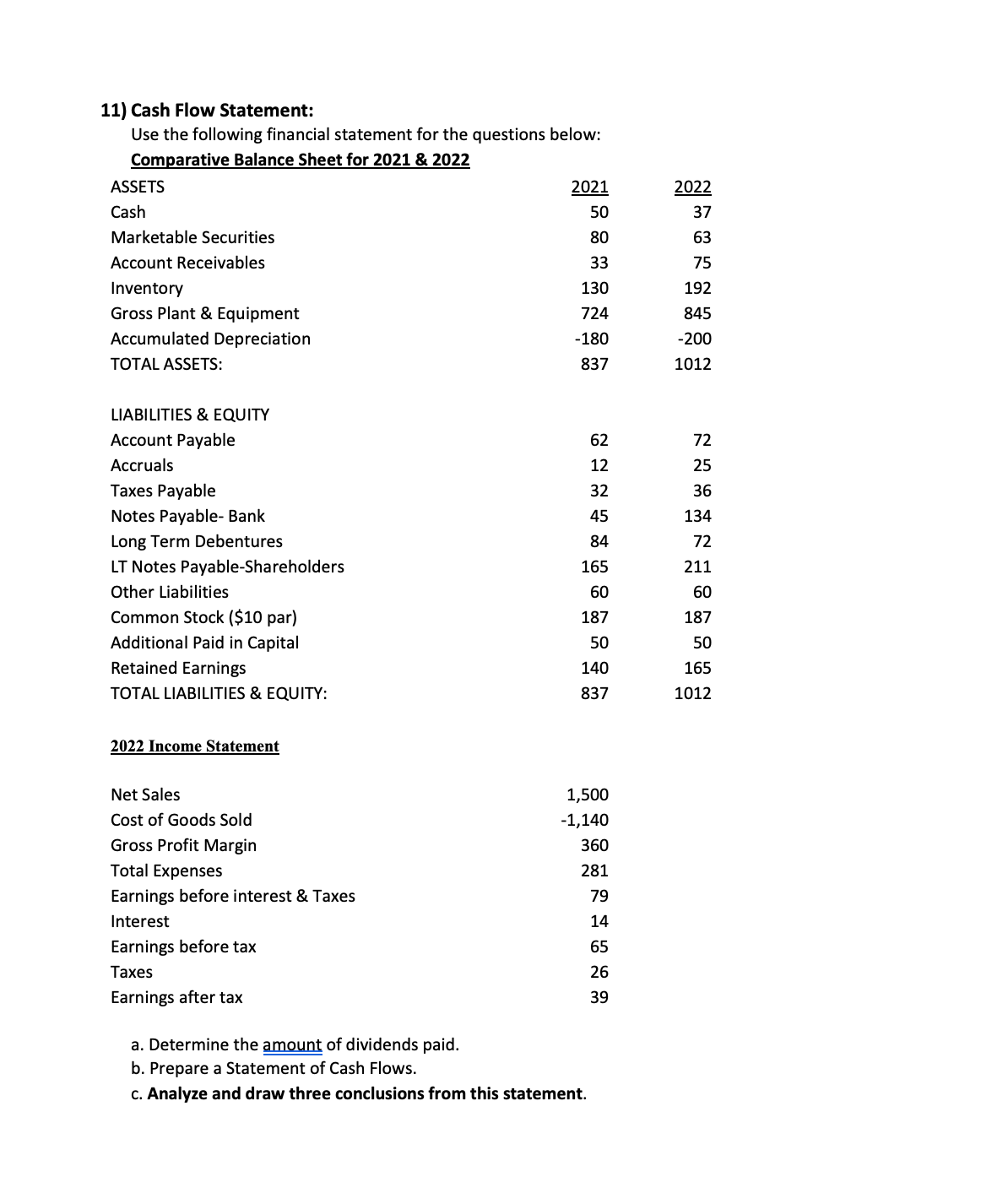  11) Cash Flow Statement: Use the following financial statement for the
