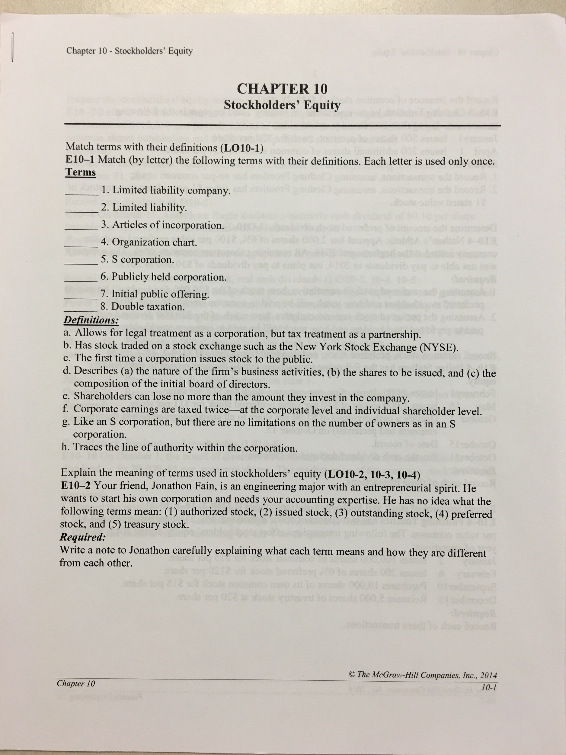 Match terms with their definitions (LO10-1) E10-1 Match (by letter) the