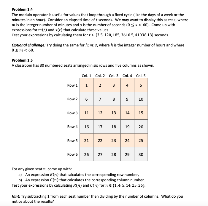  Problem 1.4 The modulo operator is useful for values that loop