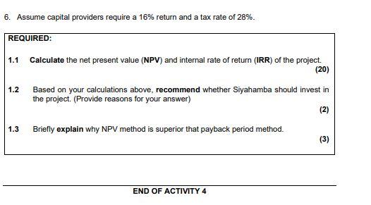  6. Assume capital providers require a 16% return and a tax
