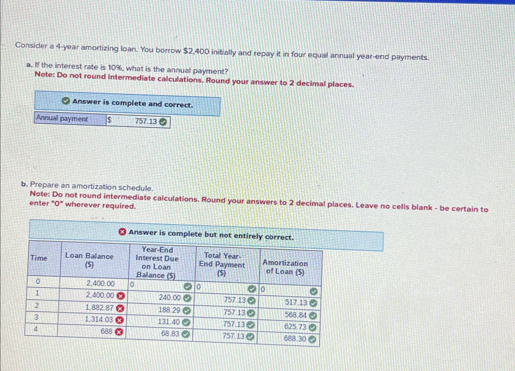  Consider a 4-year amortizing loan. You borrow $2,400 initially and repay