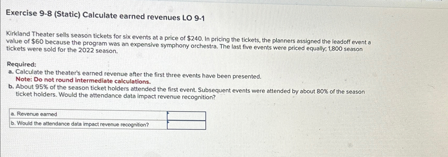  Exercise 9-8(Static) Calculate earned revenues LO 9-1 Kirkland Theater sells season