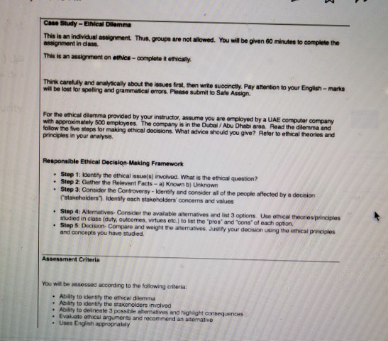 tenative Sta Spring 2019: Common Course Assessment Scenario In this ethical dilemma,