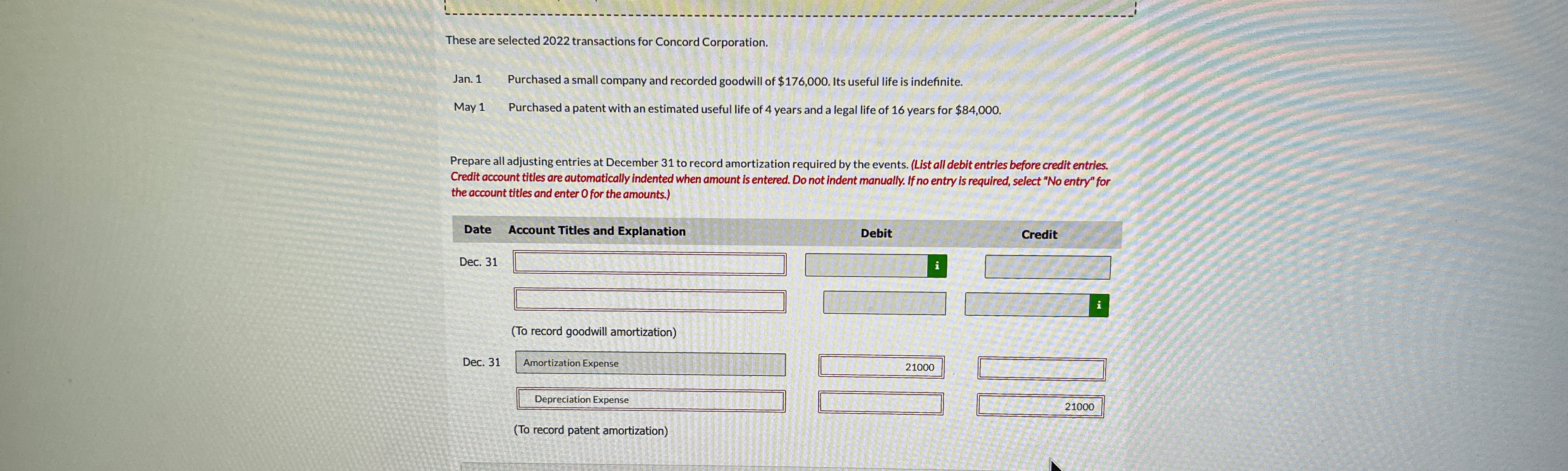  These are selected 2022 transactions for Concord Corporation. Jan. 1 Purchased