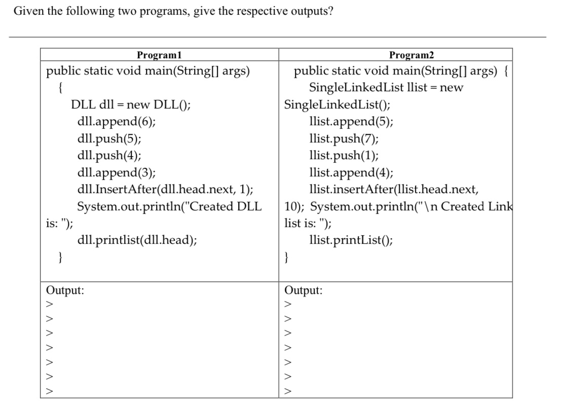  Given the following two programs, give the respective outputs