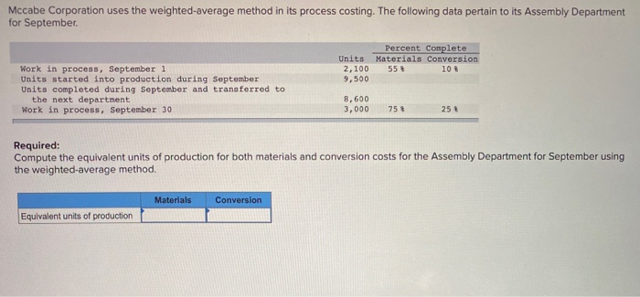  Mccabe Corporation uses the weighted average method in its process costing.