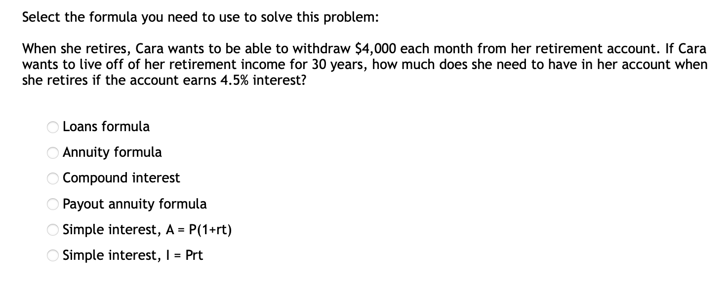 Select the formula you need to use to solve this problem:
