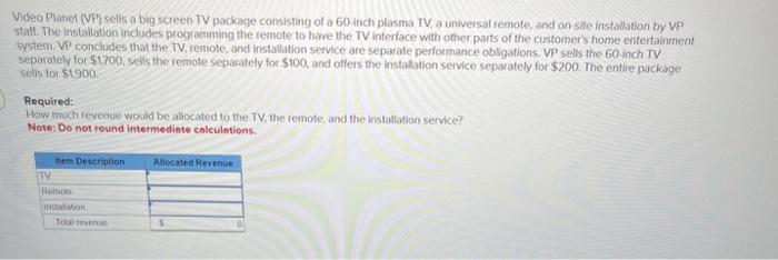  Video Planet (VP) sells a big screen TV package consisting of