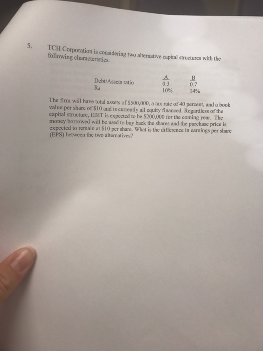  TCH Corporation is considering two alternative capital structures with the following