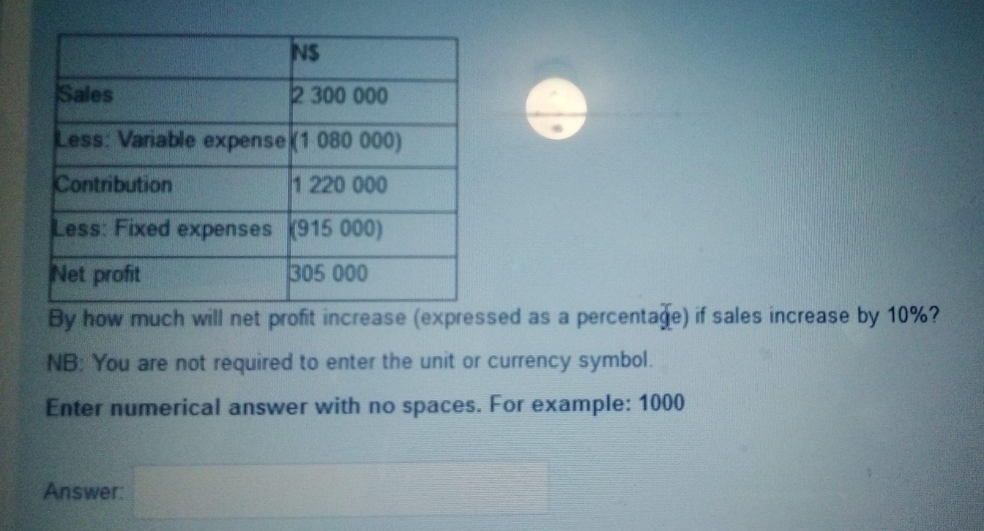  NS Sales 2 300 000 Less: Vanable expense (1 080 000)
